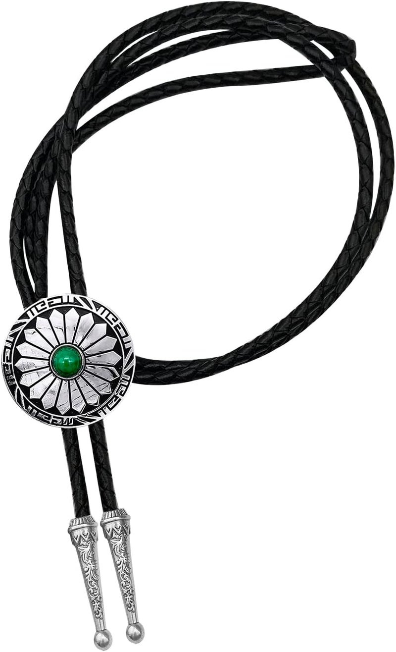 YOQUCOL Vintage American Western Cowboy Indian Art Stone Genunie Leather Bolo Tie For Men Women - Image 1